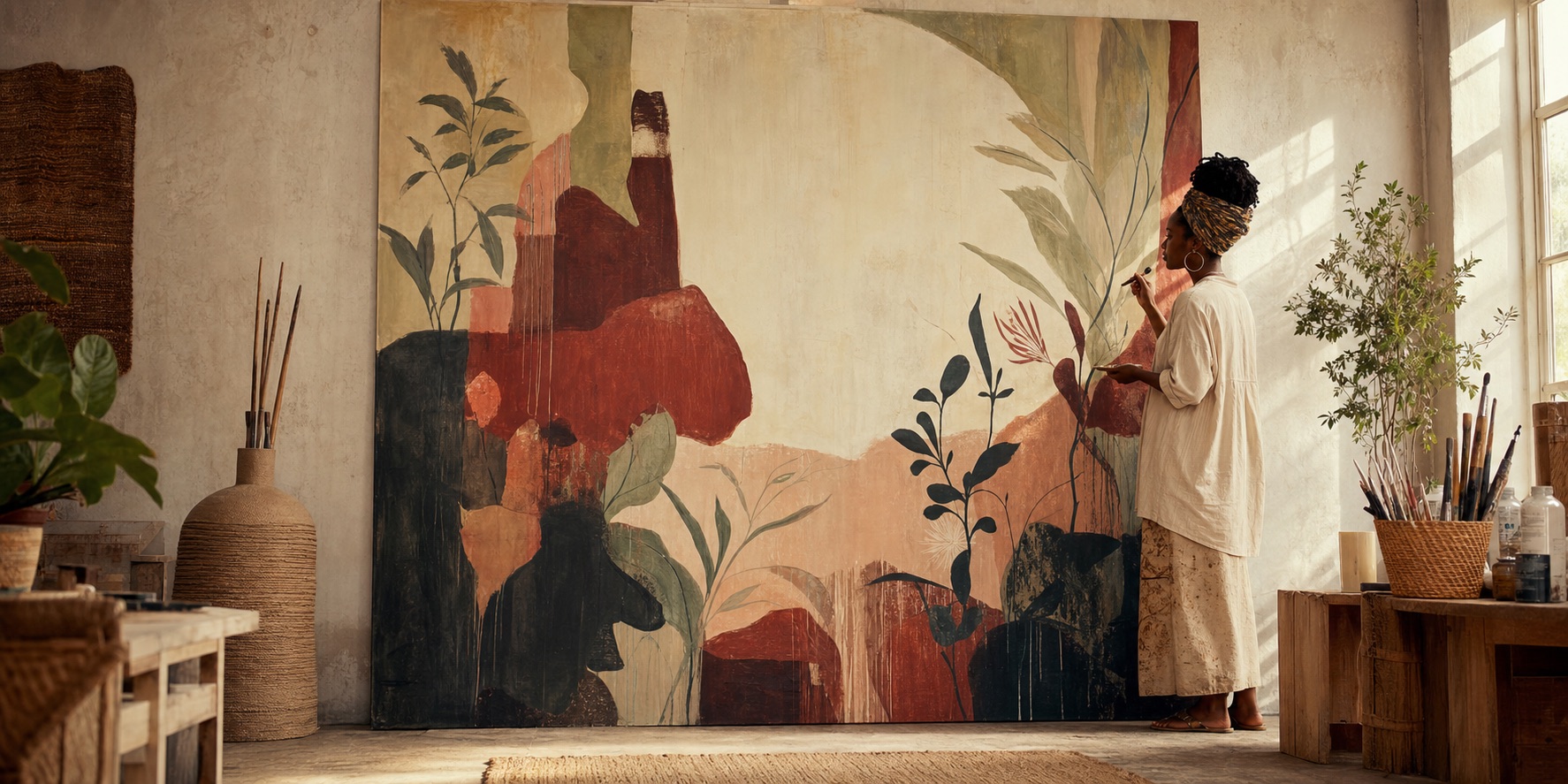 Kenyan artist painting a large botanical abstract canvas in her studio